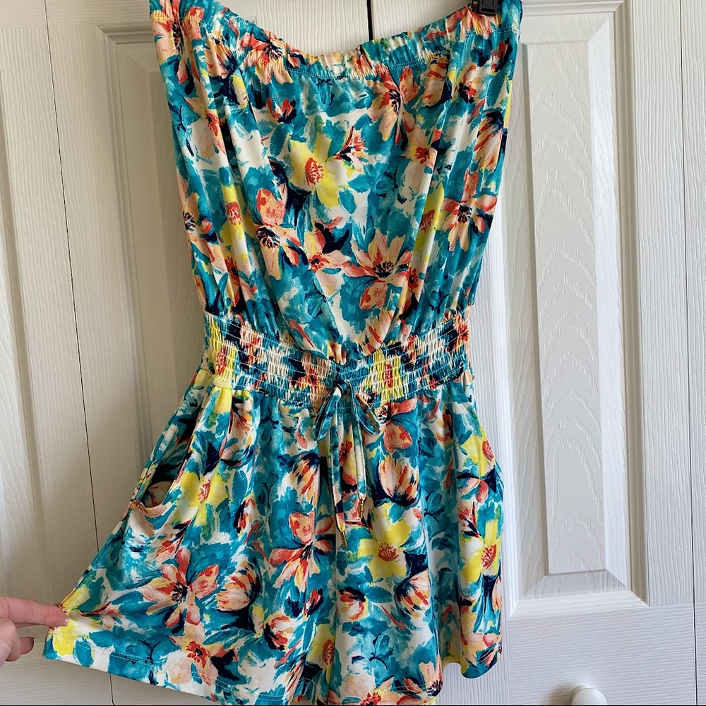 GUESS Floral Strapless Romper with Pockets